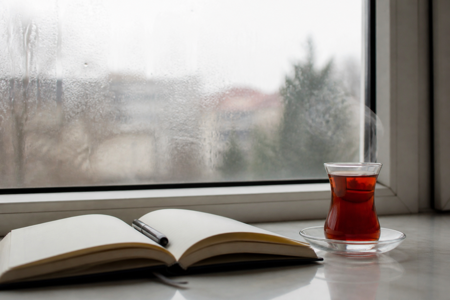 Buğulanmış pencere kenarında açık duran bir ajanda, kalem ve buharı tüten çay bardağı.
